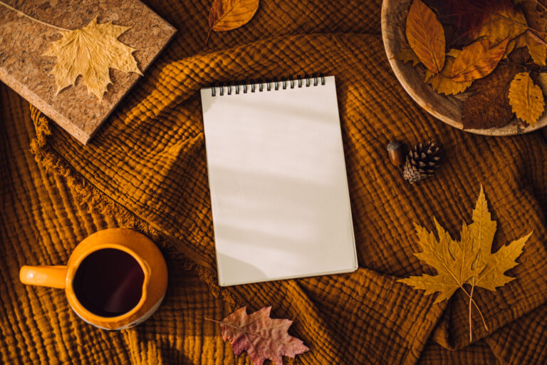 Top view photo of mock up open empty planner, notebook, orange cup and autumn leaves on brown earthy tones fabric texture background